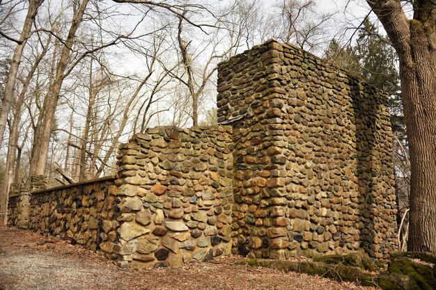 Zdjęcie kamienna ściana otoczona pozbawionymi liści drzewami na tle chmurnego nieba w słoneczny dzień kittatinny park nj usa