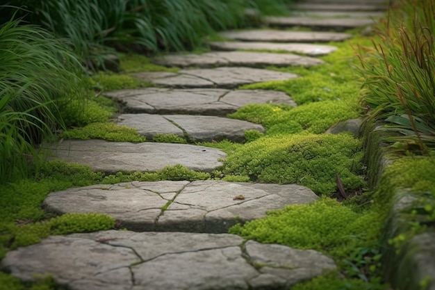 Kamienna ścieżka ogrodowa z trawą rosnącą między kamieniamiSzczegóły ogrodu botanicznego