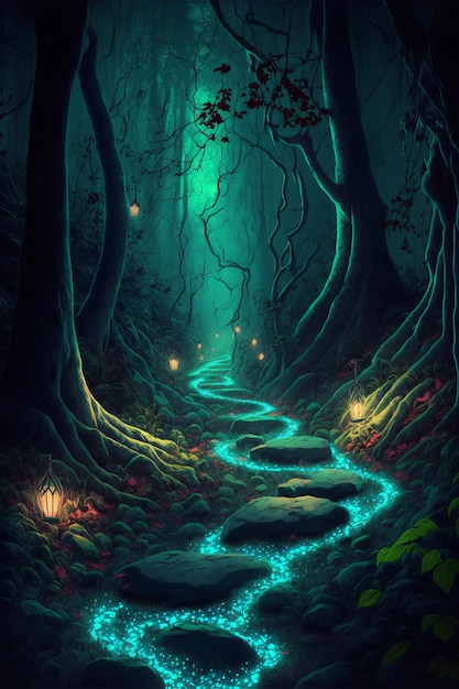 Kamienna ścieżka przez bioluminescencyjny las fantasy
