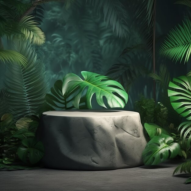 Kamienne podium do wyświetlania kosmetyków z naturalnymi tropikalnymi liśćmi