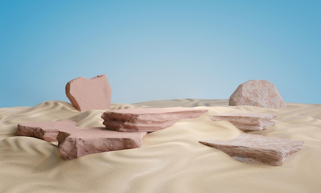 Kamienne podium na tle piasku do prezentacji produktu Koncepcja relaksacji na cokole naturalnego piękna ilustracja 3d
