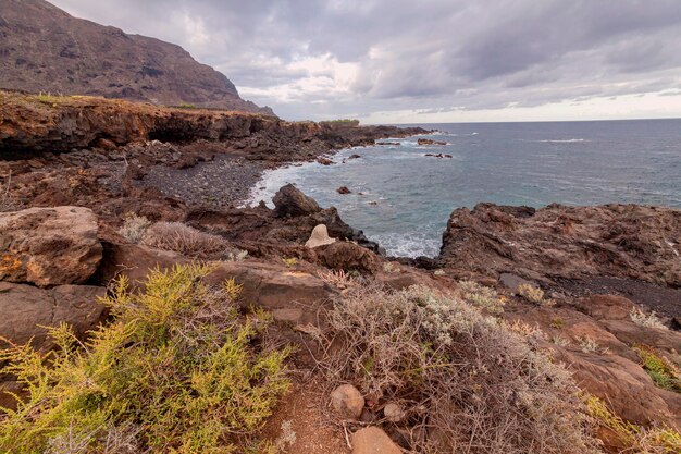 Kamienne wybrzeże z klifami Oceanu Atlantyckiego o wschodzie słońca Tenerife Wyspy Kanaryjskie Hiszpania