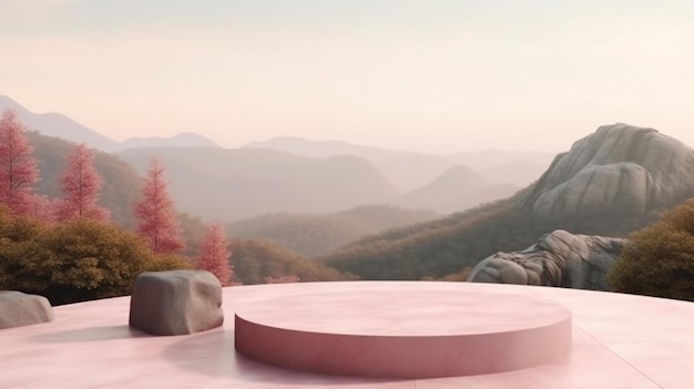 Kamienny blat podium z odkrytymi górami w różowym pastelowym kolorze scena natura krajobraz