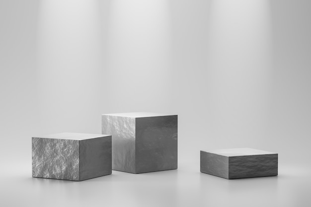 Kamienny gabloty wystawowej lub skały podium stojak na białym tle z pojęciem marmuru i światła reflektorów. Podstawa ekspozycyjna produktu do projektowania. Renderowanie 3D.