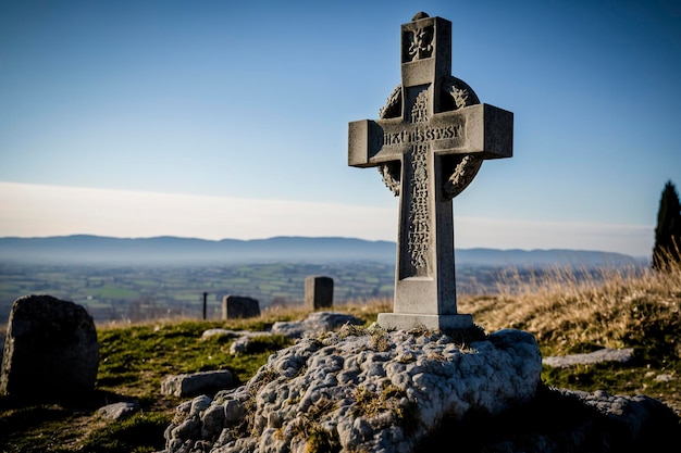 Kamienny Krzyż na wzgórzu z pięknym widokiem, kreatywne ai