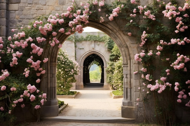 Kamienny łuk z różowymi różami