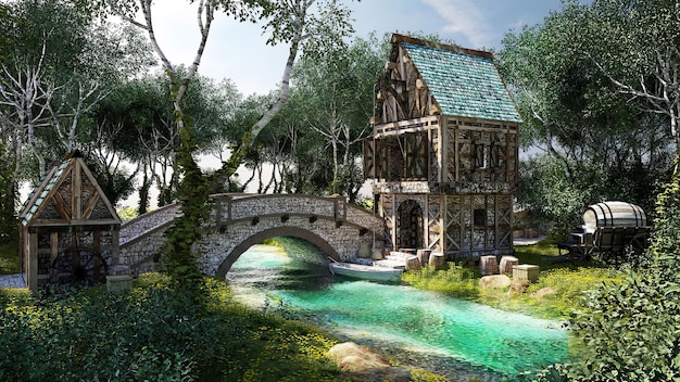 kamienny most i kupcy dom krajobraz efekt vintage średniowieczna scena renderowania 3d