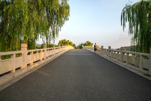 Kamienny most łukowy w parku znajduje się w Nanjing Xuanwu Lake Park w Chinach