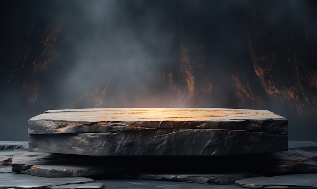 Zdjęcie kamienny podium z tłem skalnym i światłem filmowym