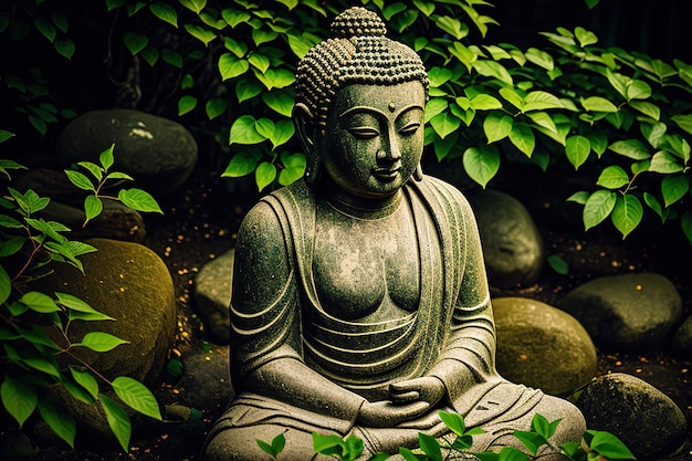 Kamienny posąg Buddy w zielonym środowisku zen generatywnym ai