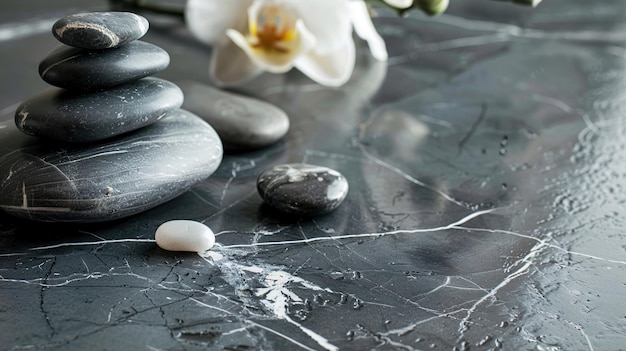 kamienny stół z białym kwiatem i kamiennym kamykem zestawione kamyki ilustracja medytacja relaks