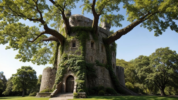 kamienny zamek z drzewem rosnącym w środku i jego gałęziami wystającymi Generative Ai