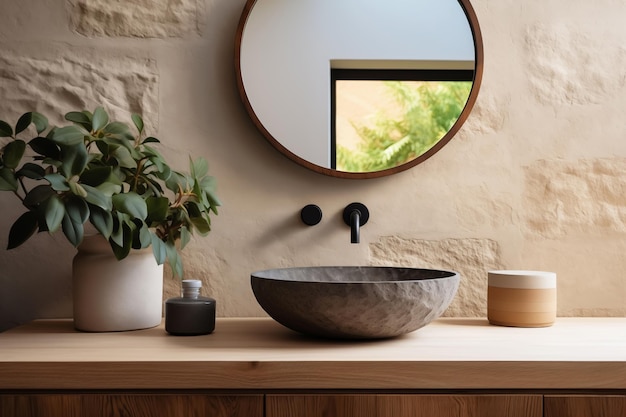 Kamienny zbiornik z lustrem na teksturowaną kamienną ścianę w minimalnej łazience w naturalnych tonach ziemskich