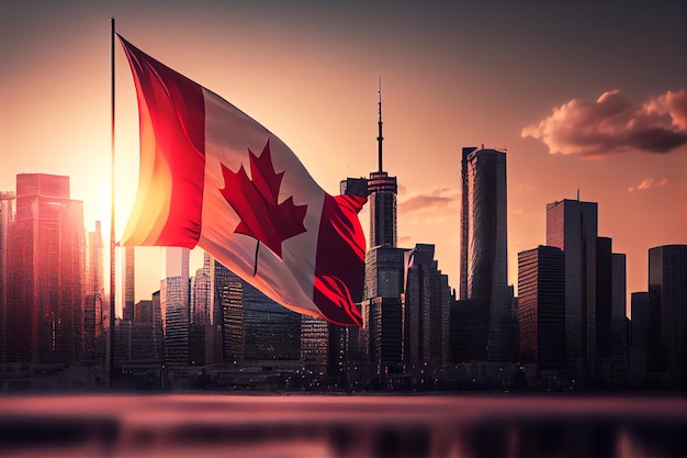 Kanadyjska flaga na tle budynku drapacza chmur miasto o zachodzie słońca Generative AI
