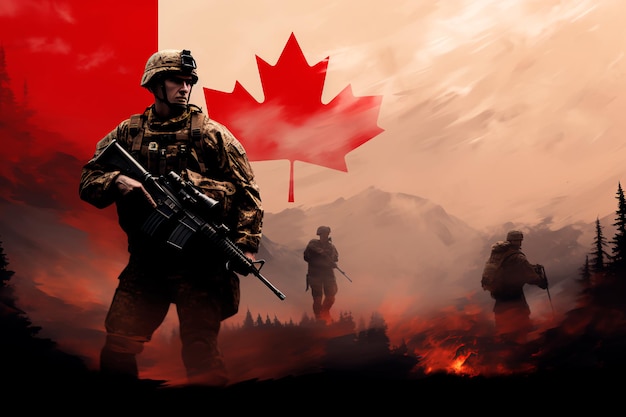 Kanadyjskie wojsko na tle flagi Kanady Artystyczny obraz armii AI Wygenerowano