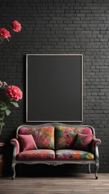 Zdjęcie kanapa z kwiatowym wzorem na plecach i obrazem na ścianie