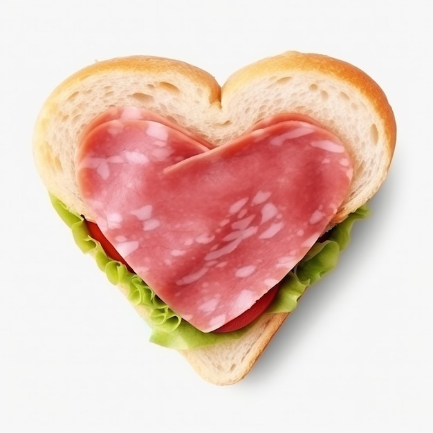 Kanapka w kształcie serca z sałatką, pomidorem i szynką