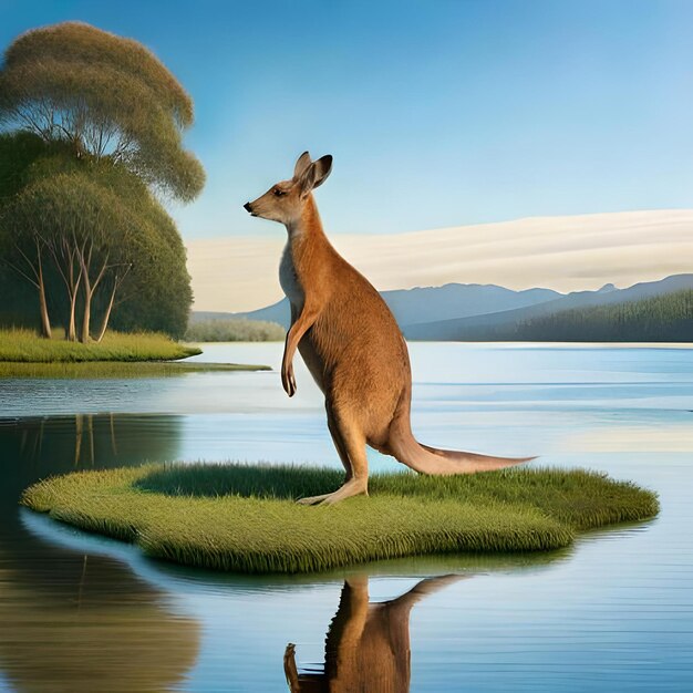 Zdjęcie kangur stojący na kawałku trawy przed jeziorem.