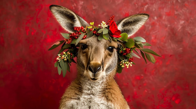 Kangur z wieńcem kwiatów na głowie patrzy na kamerę Kangur stoi przed czerwonym tłem