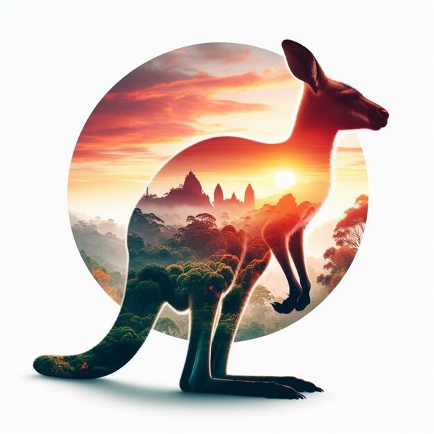 kangur z zachodem słońca na tle ilustracja mieszana