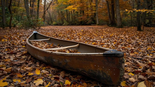 Zdjęcie kanoe siedzi na łóżku z upadłymi liśćmi w środku lasu
