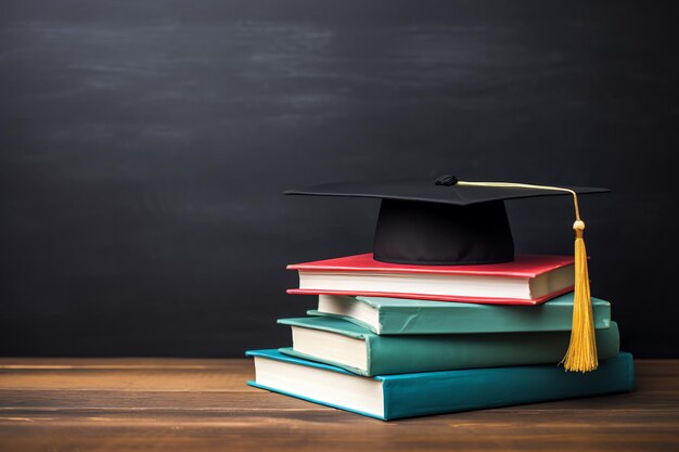 kapelusz absolwentów i stos książek na stole koncepcja edukacyjna