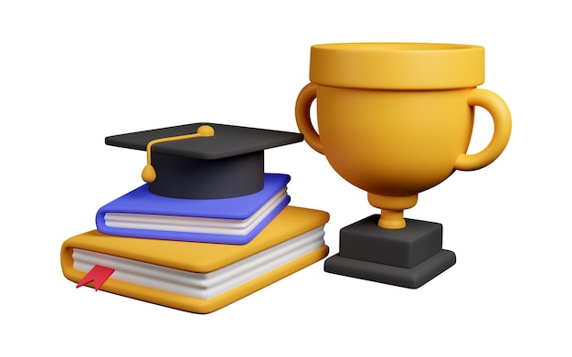kapelusz dyplomowy na stosie książek i złote trofeum
