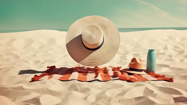 Kapelusz i ręcznik na piasku plaży Scena wakacyjna z słomowym kapeluszem na linii brzegowej Generatywna sztuczna inteligencja