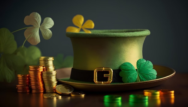Kapelusz leprechauna i monety leżą na stole z monetami i koniczynami.