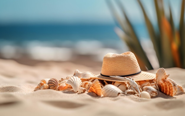 Kapelusz na plaży z muszelkami na piasku