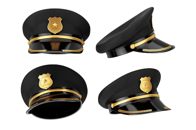 Kapelusz policjanta ze złotą odznaką na białym tle. Renderowanie 3D