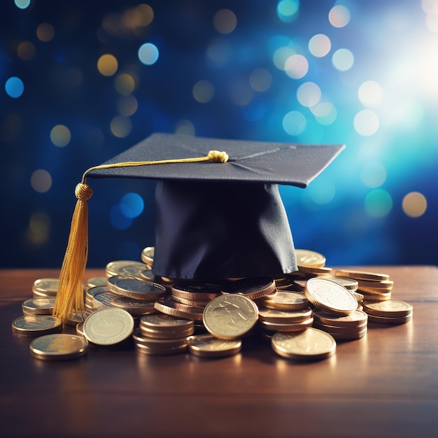Zdjęcie kapelusz stopniowy z monetami na niebieskim tle koncepcja grantu oszczędzania na edukację