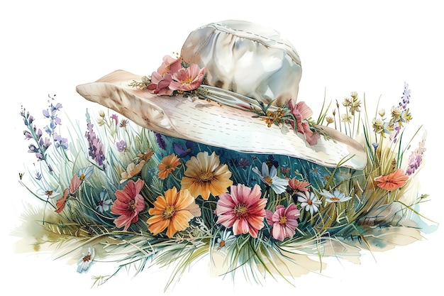 Zdjęcie kapelusz z kwiatami z dzikimi kwiatami w stylu vintage akwarel