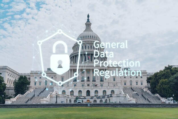 Kapitol na zewnątrz budynku kopuły Waszyngton DC USA Dom Kongresu i Capitol Hill Amerykański system polityczny Hologram RODO koncepcja regulacji ochrony danych i prywatności dla wszystkich osób