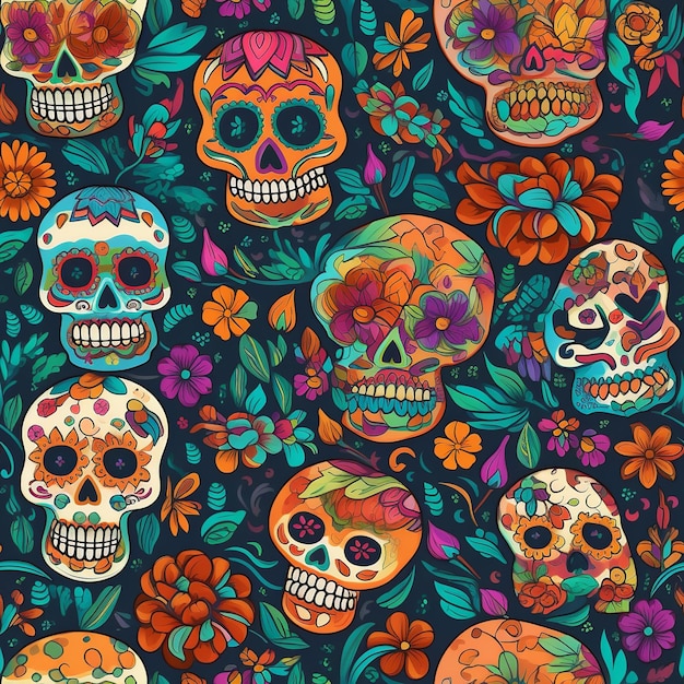 Kapryśna ilustracja Dia de los Muertos z świątecznymi czaszkami, kolorowymi goździkami i żywym pattem