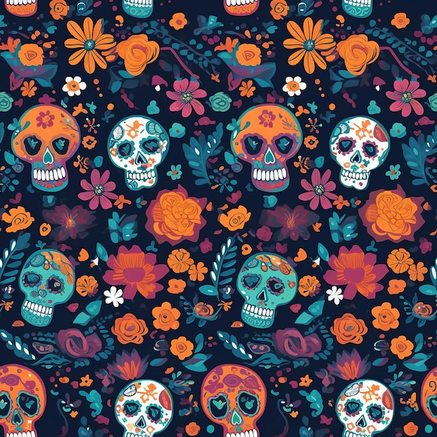 Kapryśna ilustracja Dia de los Muertos z świątecznymi czaszkami, kolorowymi goździkami i żywym pattem