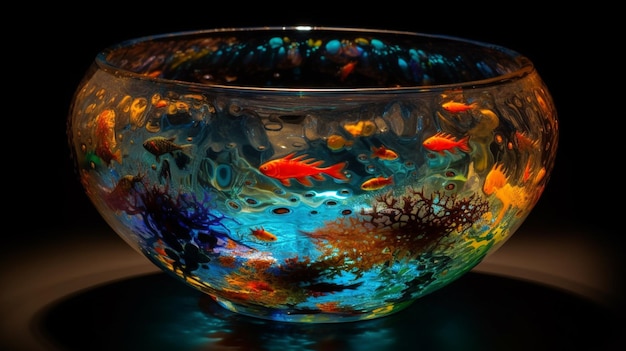 Kapryśna miska ze złotą rybką wypełniona żywymi ilustracjami ryb obraz sztuki generowanej przez sztuczną inteligencję