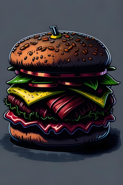 Kapryśny burger rozkoszuje się kolorowym hamburgerem z kreskówek Generative AI