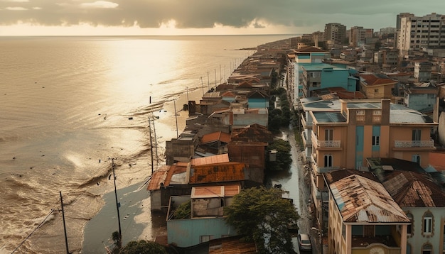 Karaibski zachód słońca maluje panoramę miasta na niebiesko, generowaną przez sztuczną inteligencję