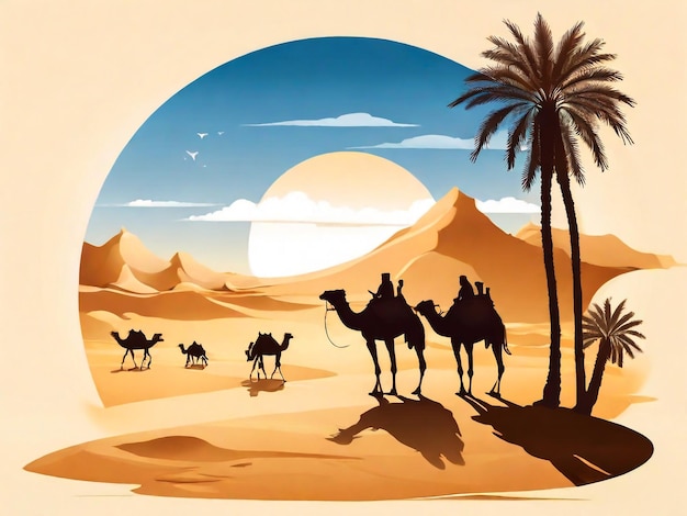Karawana wielbłądów na pustyni saharyjskiej w Maroku o zachodzie słońca