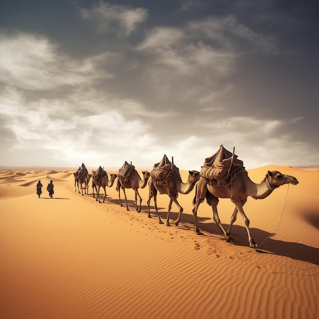 karawana wielbłądów przechodząca przez pustynię z człowiekiem idącym za nim.