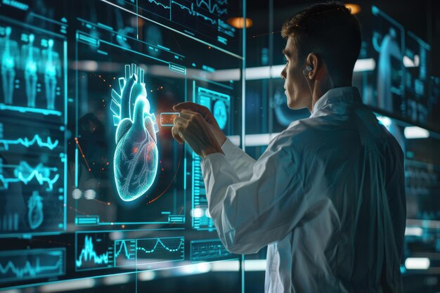 Kardiolog analizuje badania serca na futurystycznym interfejsie cyfrowym