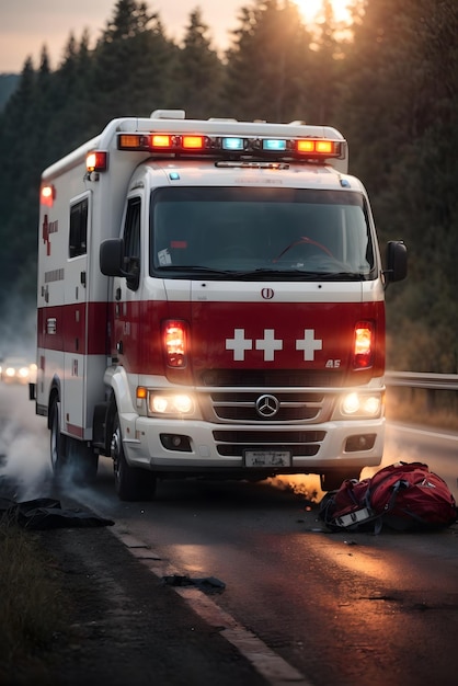 Zdjęcie karetka medyczna fotograficzna na służbie na autostradzie