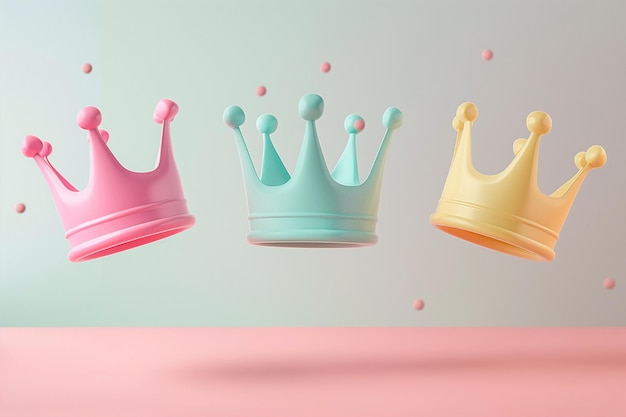 Karikatura 3D przedstawiająca trzy korony Minimalna kreatywna koncepcja Zwycięstwo królewskie zwycięstwo sukces przywództwo gry Doskonała jakość najlepszy z najlepszych symbolów królów i królowych