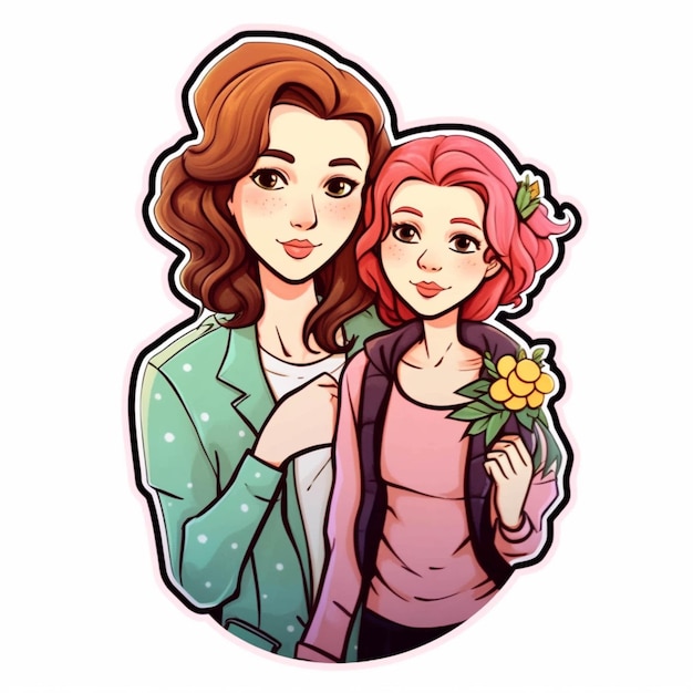 Karikatura dwóch kobiet z kwiatami w rękach
