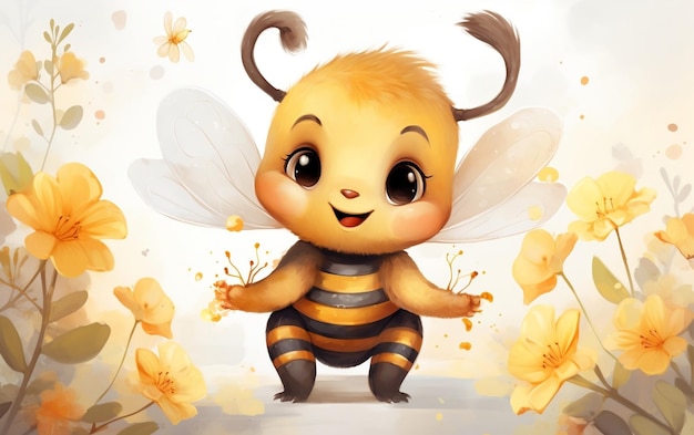 Karikatura Kawaii Baby Bee Animowana karikatura akwarela generatywna Ai