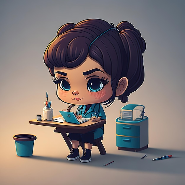 Karikatura kobiety siedzącej przy biurku z niebieskim piórem na biurku.