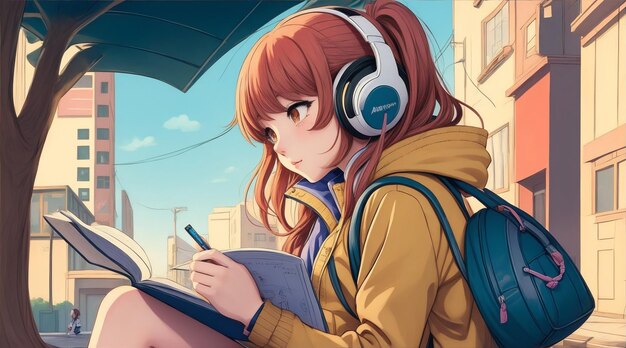 Karikatura lofi młoda dziewczyna w stylu mangy ucząca się podczas słuchania muzyki na ulicy Generatywna sztuczna inteligencja