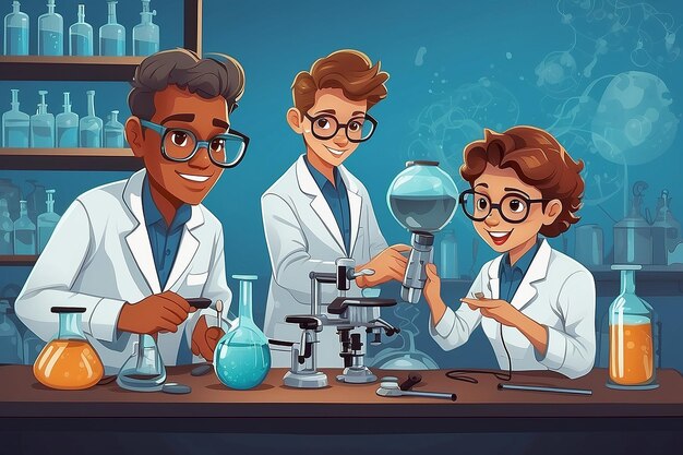 Karikatura młodych naukowców prowadzących badania w laboratorium