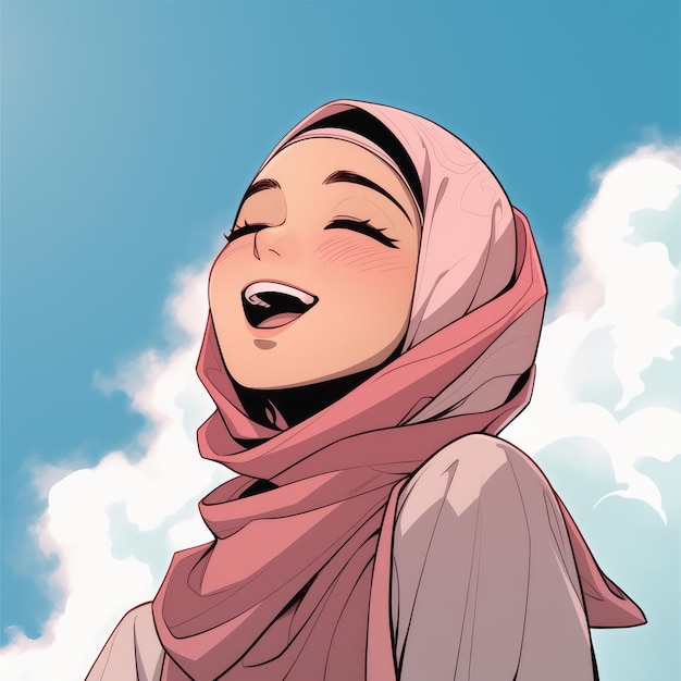 Karikatura muzułmańskiej kobiety w hidżabie patrzącej na niebo wygenerowana przez sztuczną inteligencję